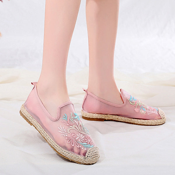 【チュール刺繍スリッポン】透け感が可愛いフラットサンダル 爪先ゆったり設計、窮屈感を感じず 通気?透湿性に優れる