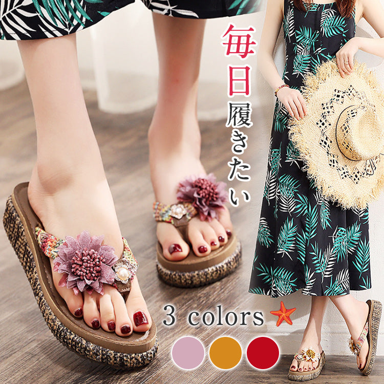 トングサンダル 期間限定2足目から3000円 ミュール スリッパー サンダル 厚底 レディース 花モチーフ