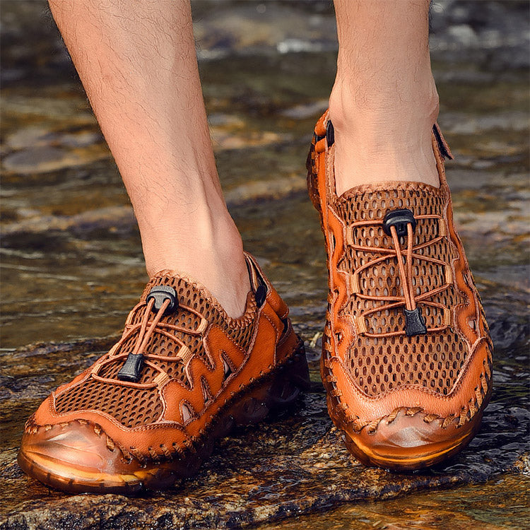 【メンズサンダル】牛革+メッシュ  手作業縫製ソール　優れた耐摩耗性　滑り止め　水陸両用　軽くて通気性抜群　優れた屈曲性