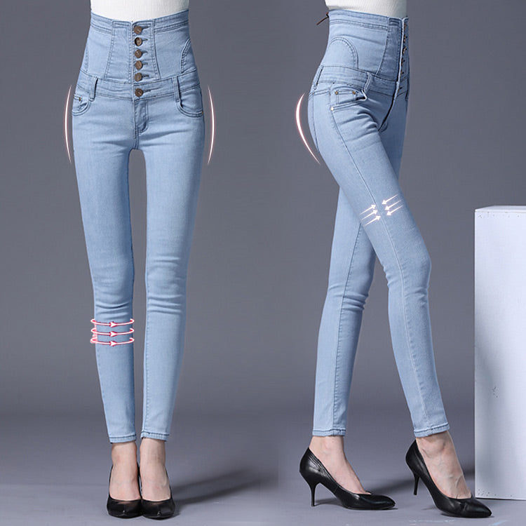 【ハイウエストスキニーパンツ】ハイウエストスキニーデニムパンツ 脚が一瞬で細く長くなる