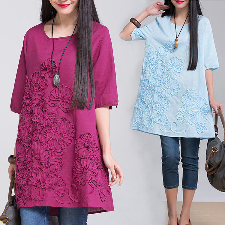 【綿麻チュニックワンピース】大人可愛い　体形カバー　着痩せ　着心地抜群　全6色