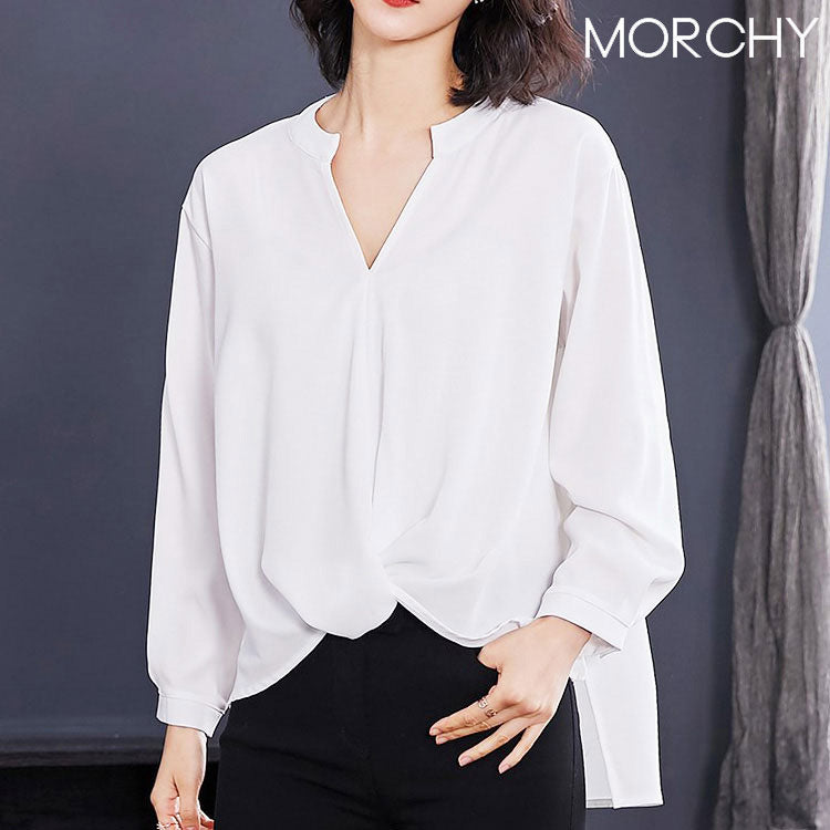 シフォンシャツ 2セットで4690円 トップス 前結び風 ノーカラー 春夏 レディース オン オフ おしゃれ