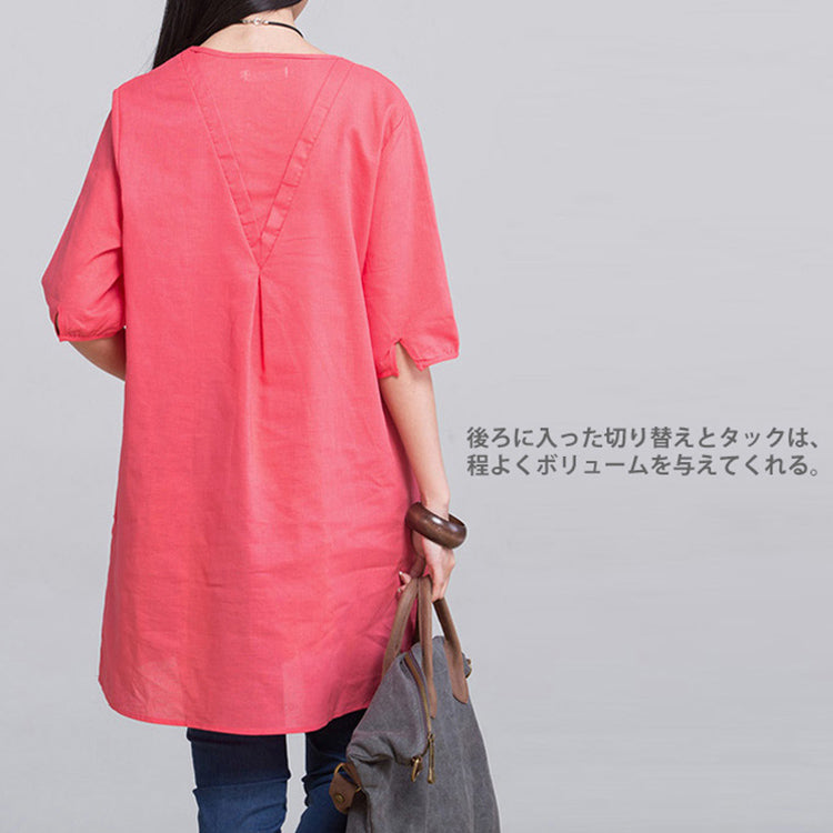 【綿麻チュニックワンピース】大人可愛い　体形カバー　着痩せ　着心地抜群　全6色