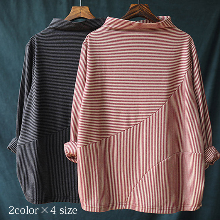 【ストライプブラウス】シンプルなストライプ柄、トレンドのモックネック、着回し力抜群